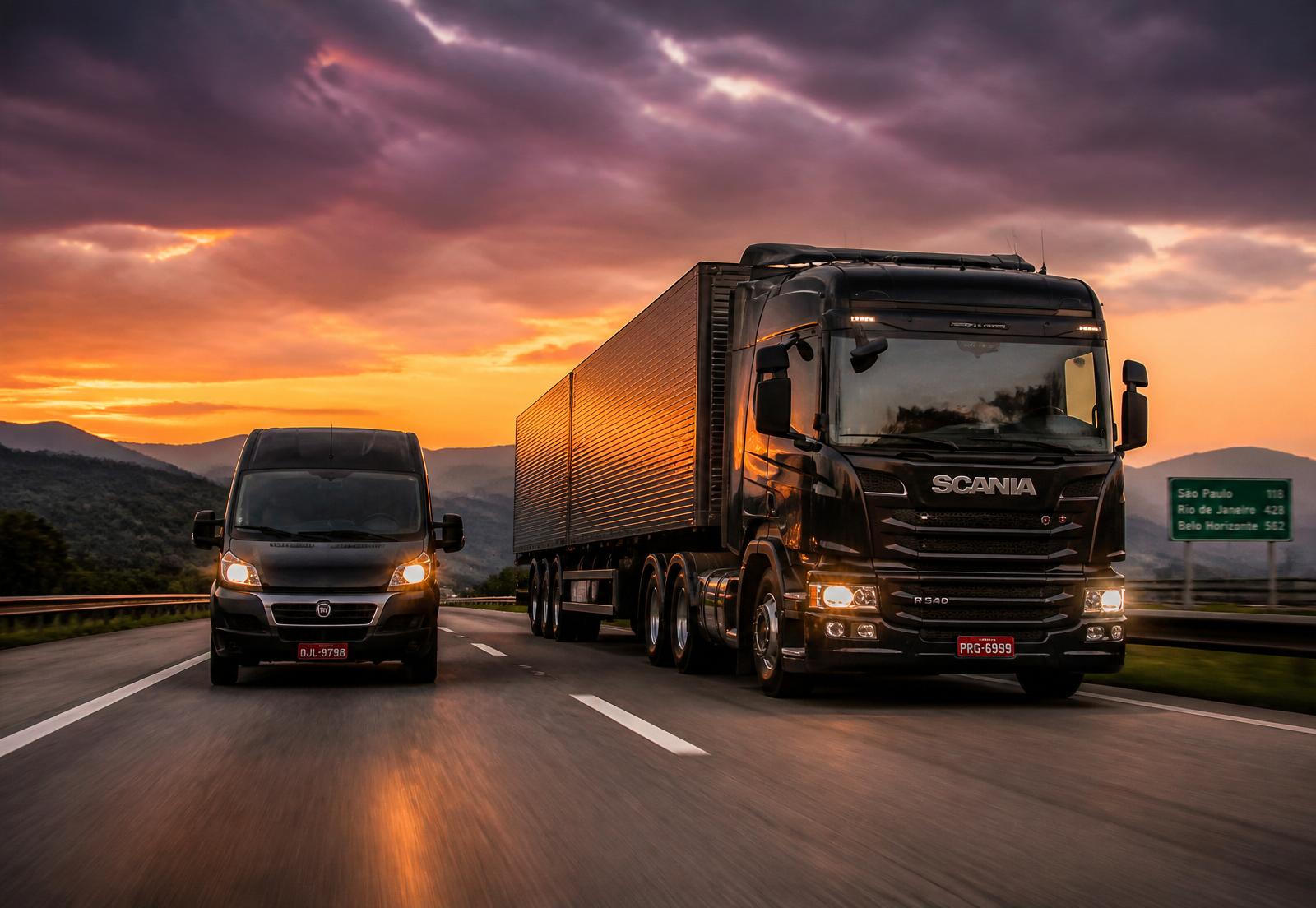 Frota J.C.P Transportes em rodovia brasileira ao entardecer